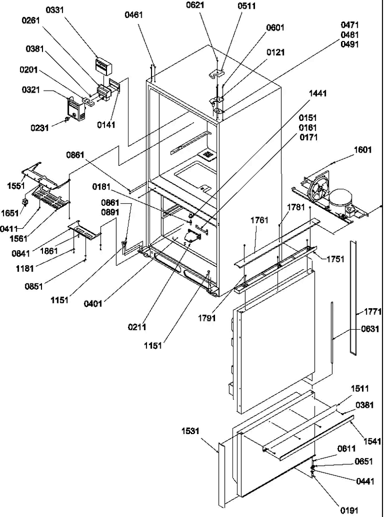 Controls/shields/hinges/trim Diagram and Parts List for BBI20TL-P1199101WL  Amana Refrigerator