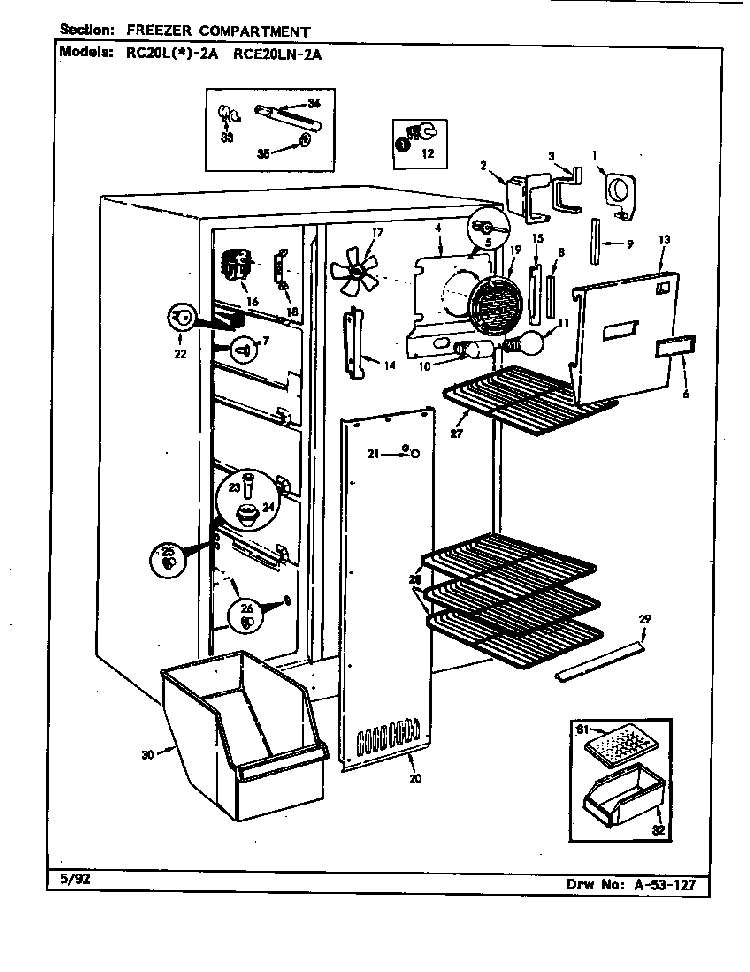 Freezer Compartment Diagram and Parts List for RC20LN-2A-BS01G  Magic Chef Refrigerator
