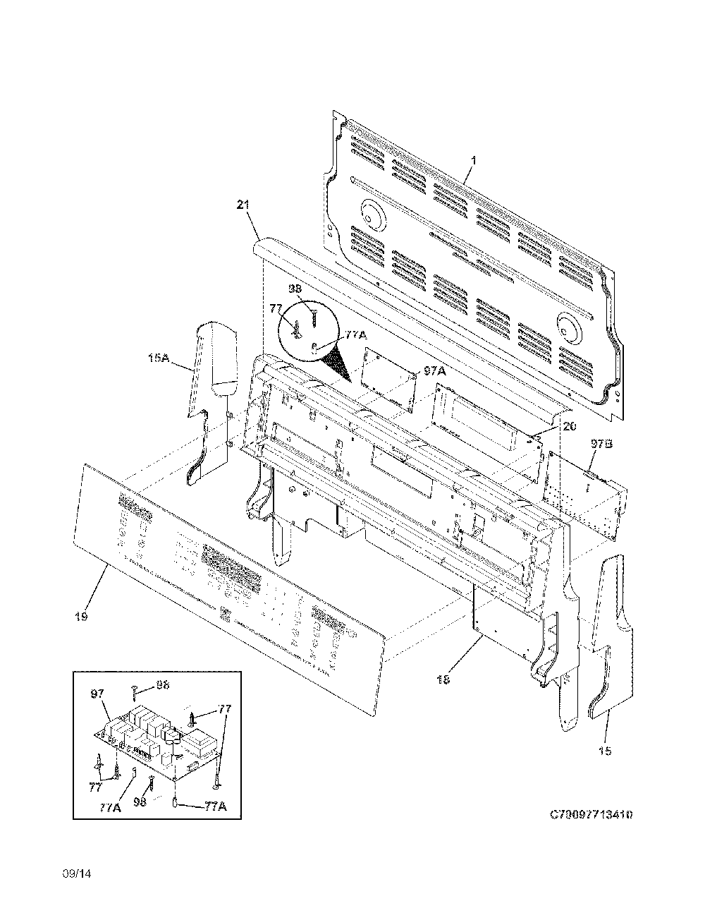 Backguard Diagram and Parts List for 79097713410  Kenmore Range