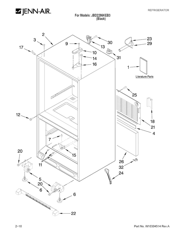 Cabinet Parts Diagram and Parts List for JBD2286KEB3  Jenn-Air Refrigerator
