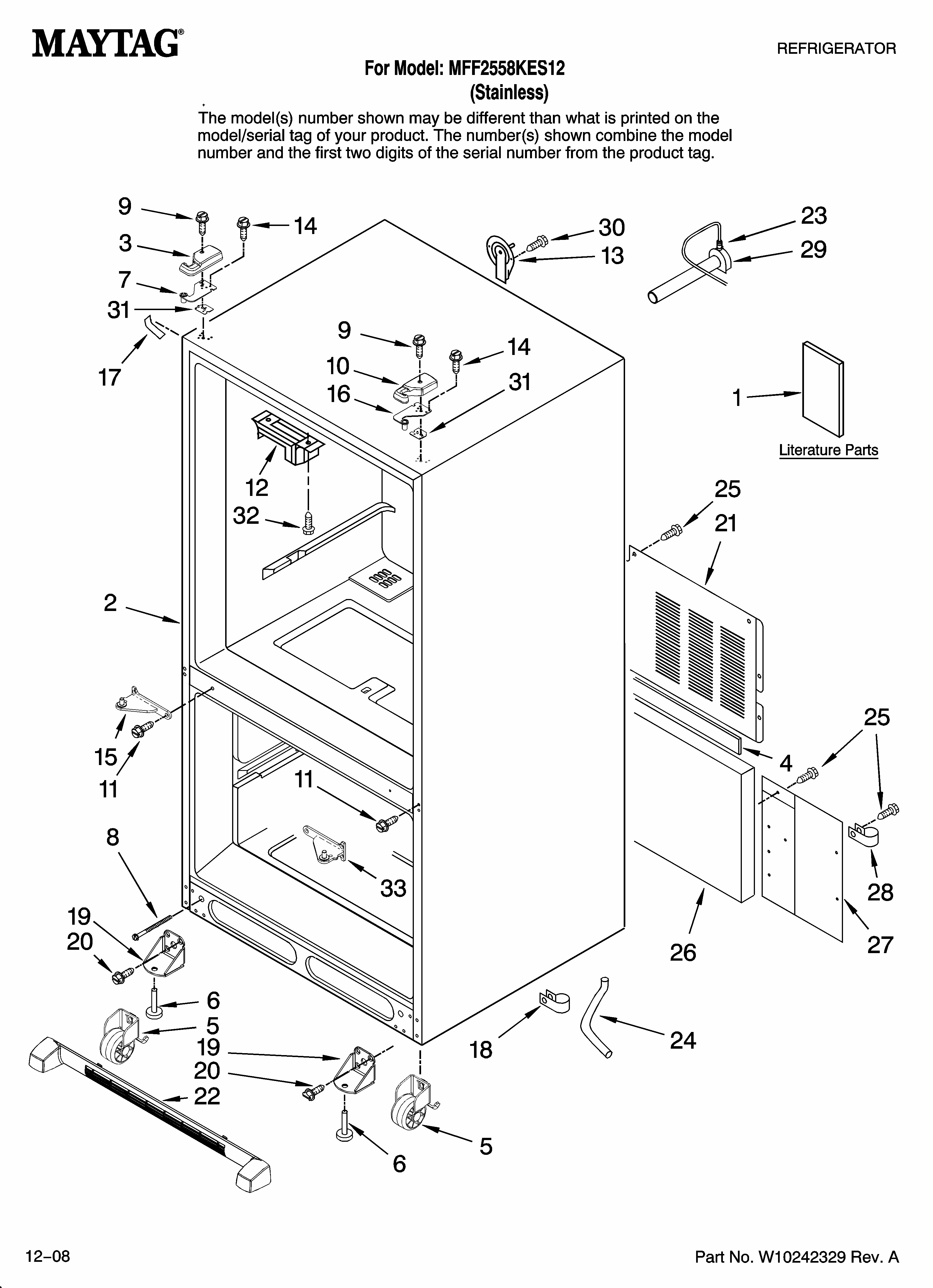 Cabinet Parts Diagram and Parts List for MFF2558KES12  Maytag Refrigerator