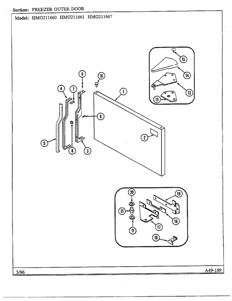 Freezer Outer Door Diagram and Parts List for HMG211660  Admiral Refrigerator