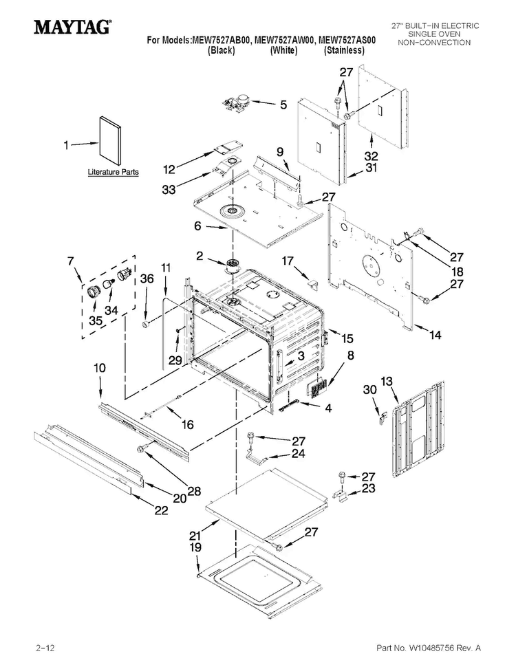Oven Parts Diagram and Parts List for MEW7527AW00  Maytag Wall Oven