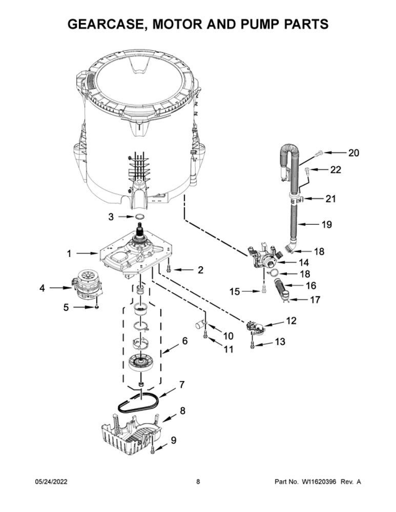 Gearcase, Motor And Pump Parts Diagram and Parts List for MVW6230HW3  Maytag Washer