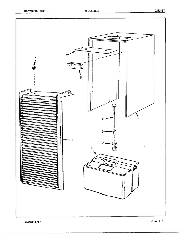 Cabinet Diagram and Parts List for 93156A  Admiral Dehumidifier