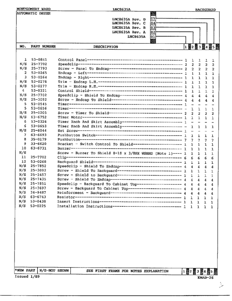 Automatic Dryer-backguard Diagram and Parts List for 8635A  Norge Dryer