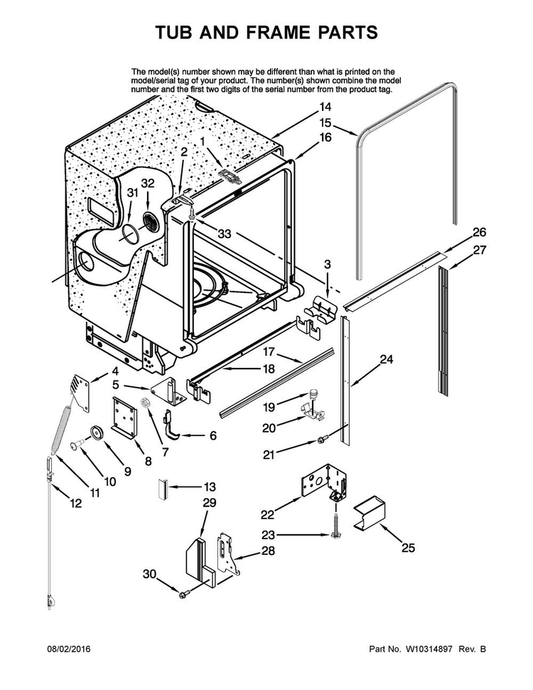Tub And Frame Parts Diagram and Parts List for JDB1255AWB2  Jenn-Air Dishwasher