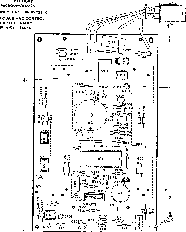 Power And Control Circuit Board Diagram and Parts List for 5658848310  Kenmore Microwave