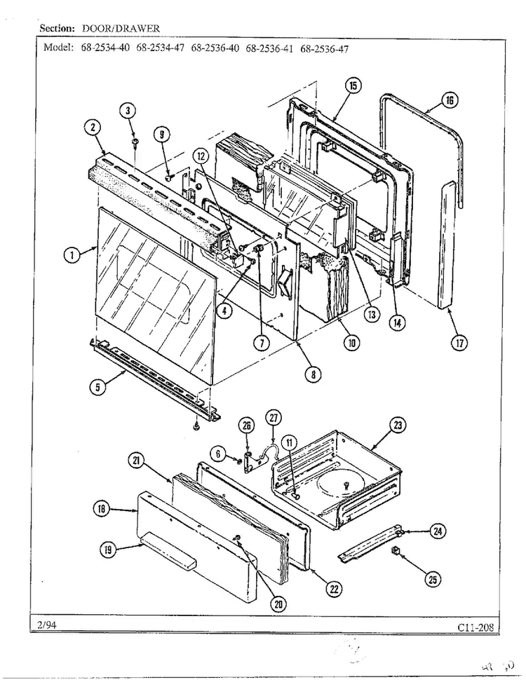 Door/drawer Diagram and Parts List for 68-2534-40  Magic Chef Range