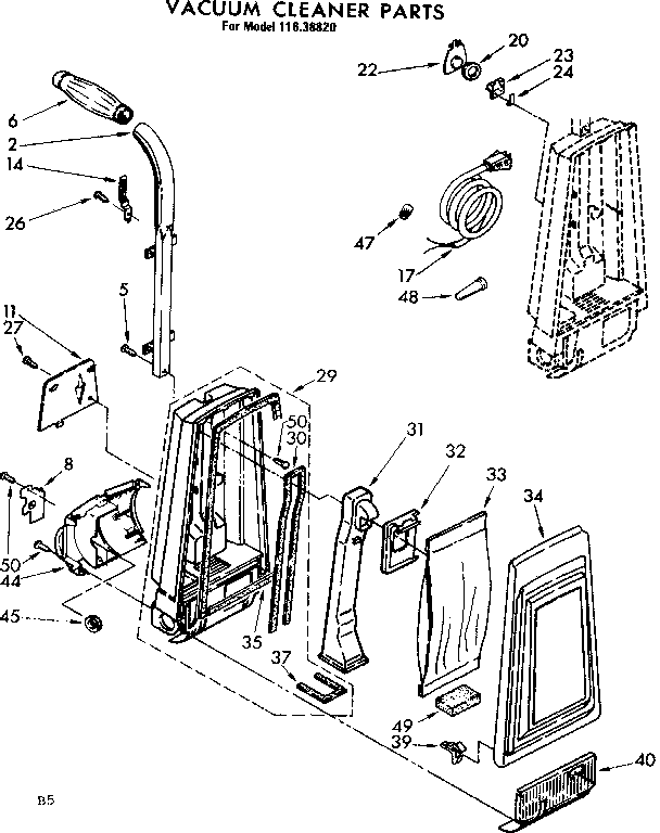 Handle And Bag Housing Diagram and Parts List for 11638820  Kenmore Upright Vacuum