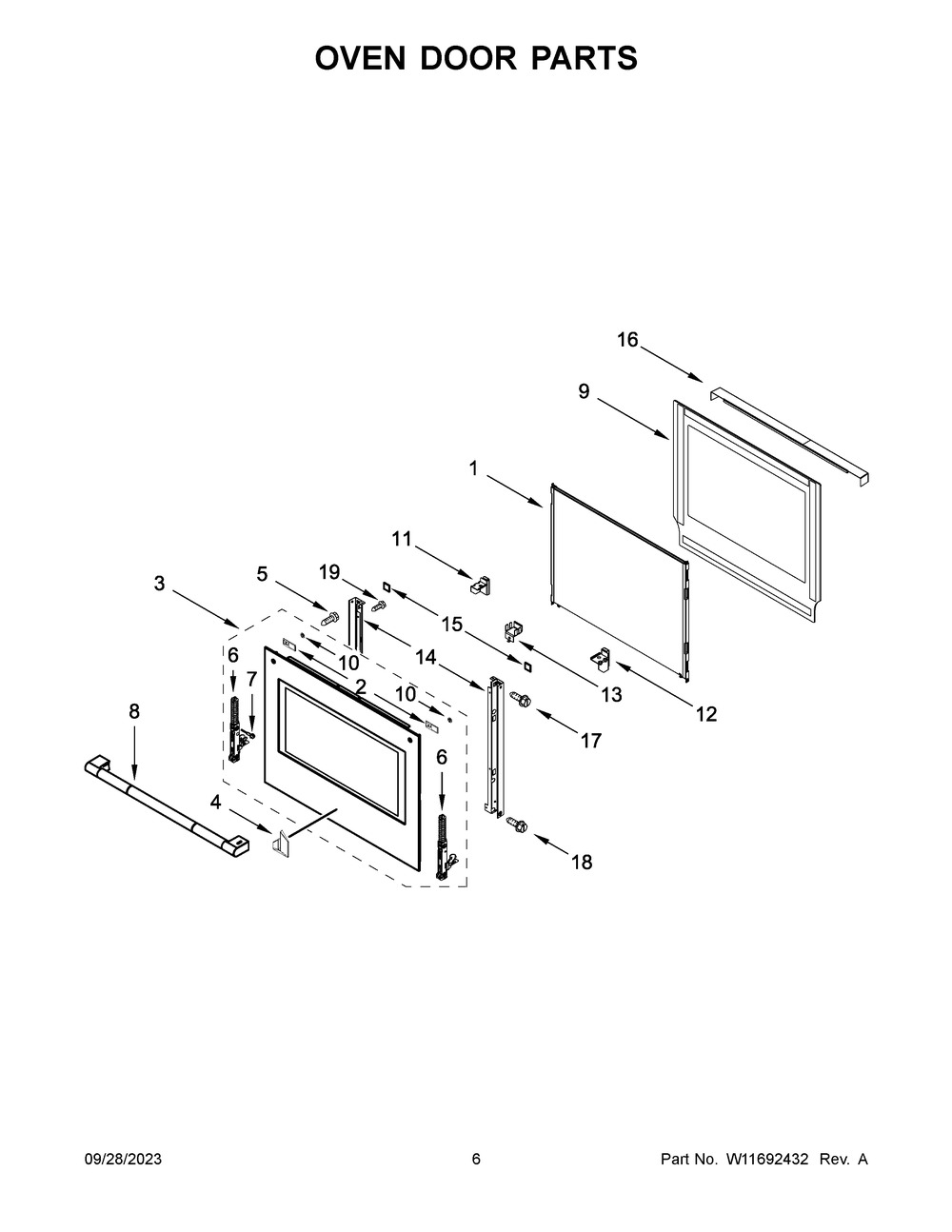 Oven Door Parts Diagram and Parts List for JMW2430LL03  Jenn-Air Microwave Oven Combo