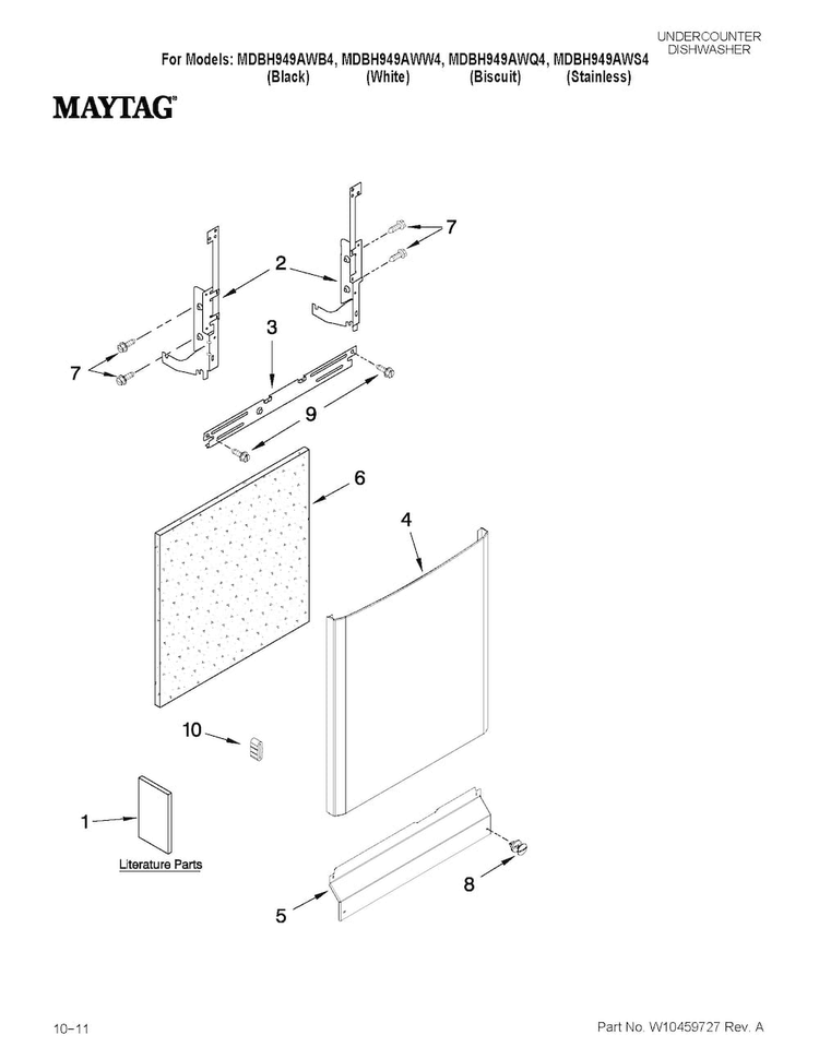 Door And Panel Parts Diagram and Parts List for MDBH949AWQ4  Maytag Dishwasher