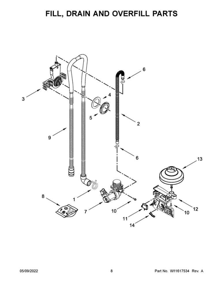 Fill, Drain And Overfill Parts Diagram and Parts List for ADB1400AGS2  Amana Dishwasher