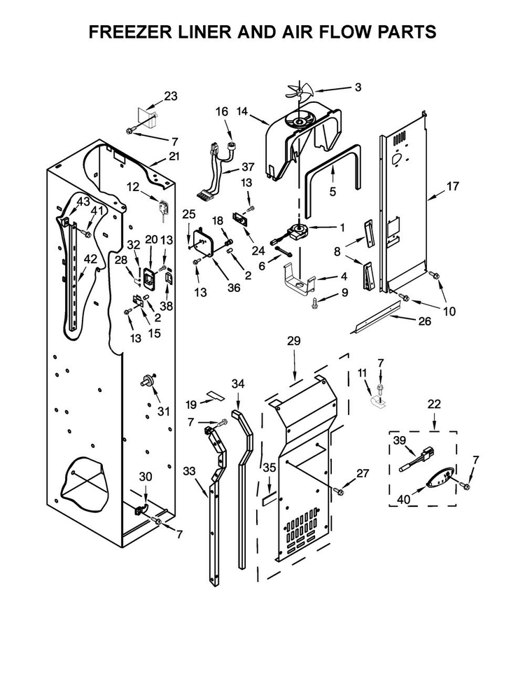 Freezer Liner And Air Flow Parts Diagram and Parts List for JS48SSDUDE01  Jenn-Air Refrigerator