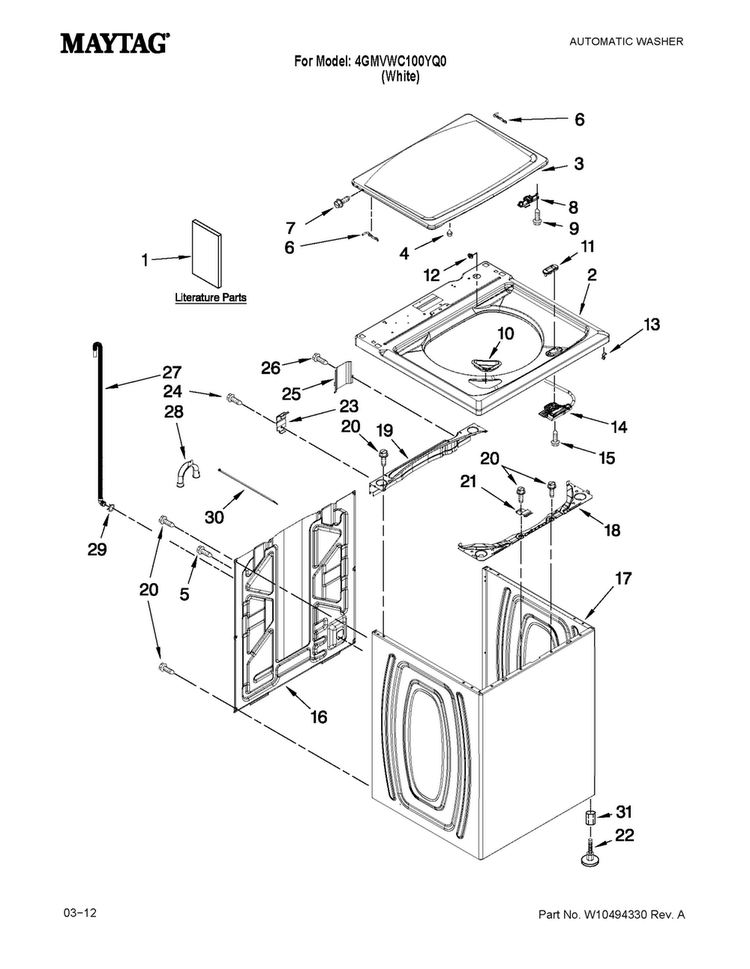 Top And Cabinet Parts Diagram and Parts List for 4GMVWC100YQ0  Maytag Washer