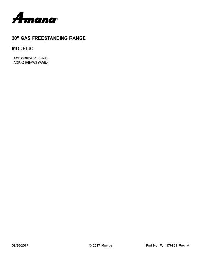 01 - Cover Sheet Diagram and Parts List for AGR4230BAW3  Amana Range