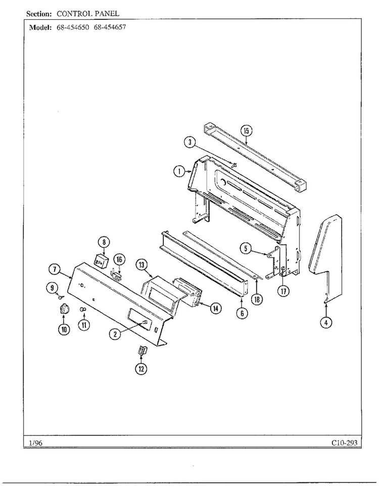 Control Panel Diagram and Parts List for 68-454650  Magic Chef Range