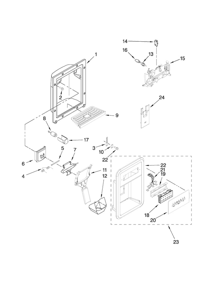 Dispenser Front Parts Diagram and Parts List for MSD2272VEB00  Maytag Refrigerator