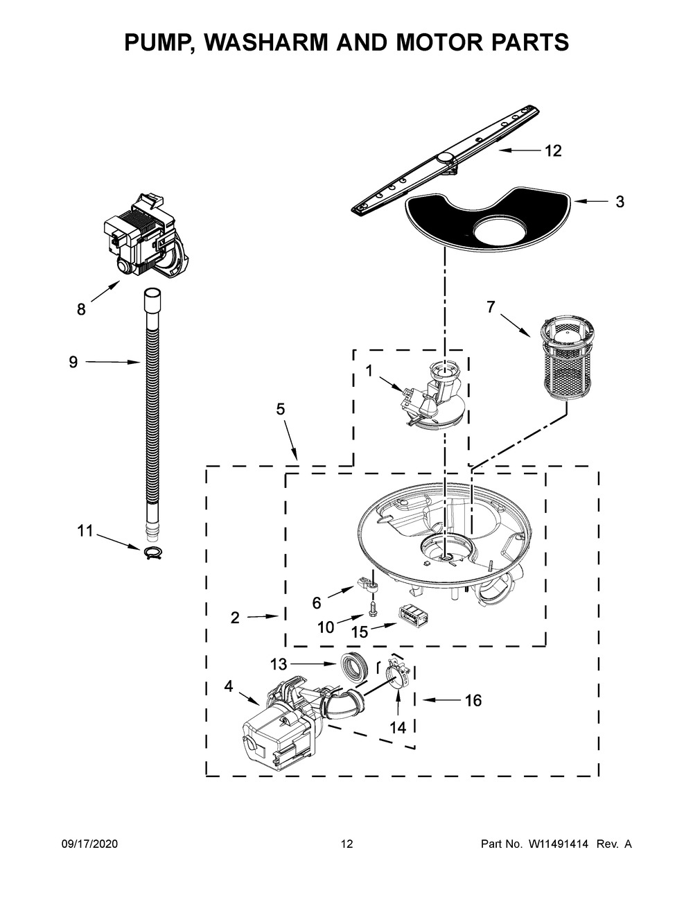Pump, Washarm And Motor Parts Diagram and Parts List for ADB1400AGB3  Maytag Dishwasher