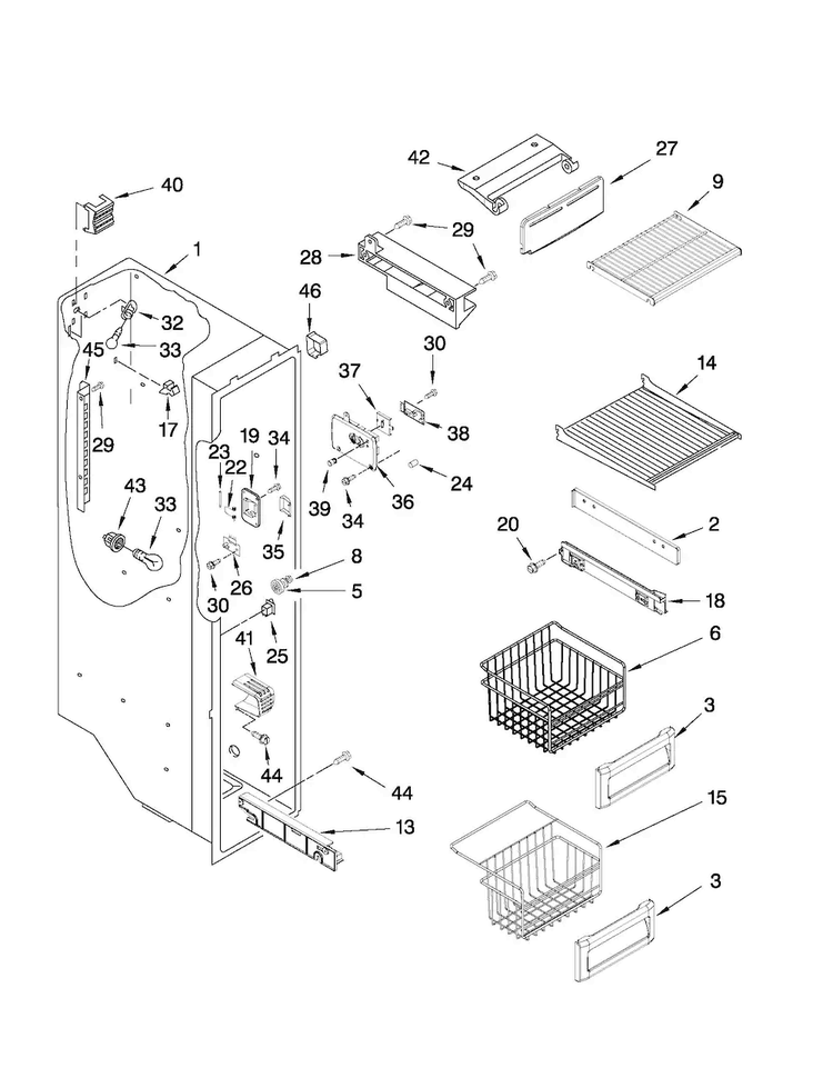 Freezer Liner Parts Diagram and Parts List for JCD2595WES02  Jenn-Air Refrigerator