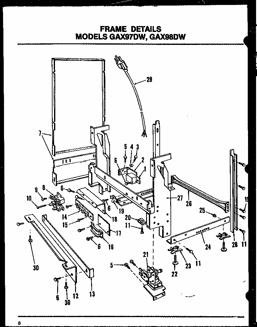 Frame Details (gax97dw/mn01) (gax97dw/mn02) (gax97dw/mn03) (gax98dw/mn01) (gax98dw/mn02) (gax98dw/mn03) Diagram and Parts List for GAX95DW-OA MN03 Amana Dishwasher