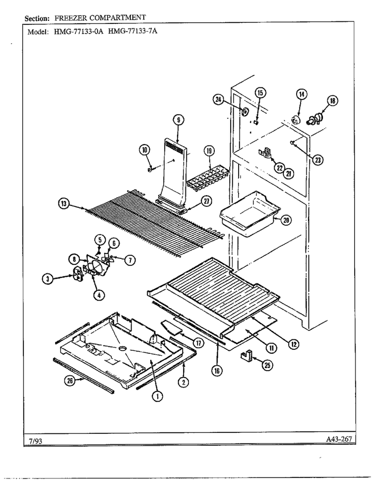 Freezer Compartment Diagram and Parts List for 77133-0A  Admiral Refrigerator