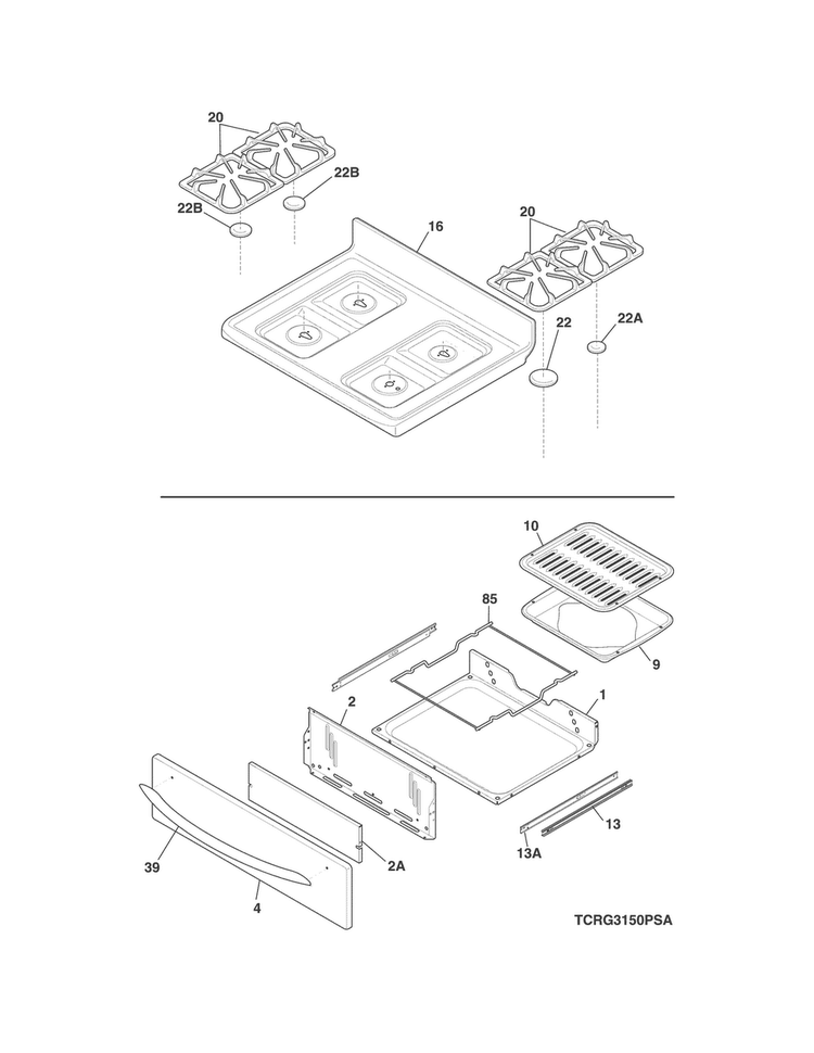 Top/drawer Diagram and Parts List for CRG3150PSB  Crosley Range