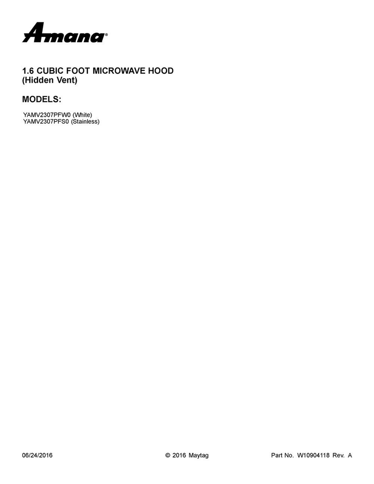 Cover Sheet Diagram and Parts List for YAMV2307PFS0  Amana Microwave