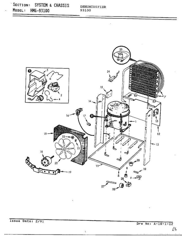 System And Chassis Diagram and Parts List for 93100  Admiral Dehumidifier