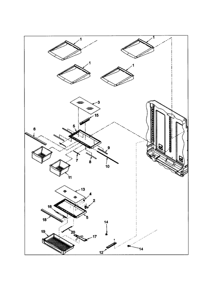 Refrigerator Shelving Diagram and Parts List for ABD2533DES0  Amana Refrigerator