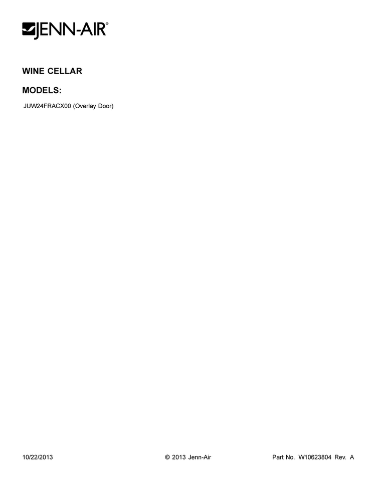 Cover Sheet Diagram and Parts List for JUW24FRACX00  Jenn-Air Wine and Beverage Cooler
