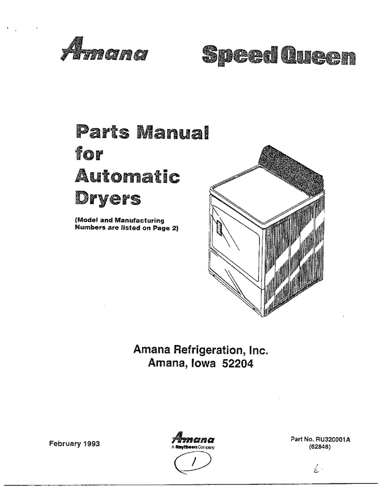 Parts Manual For Automatic Dryers Diagram and Parts List for 7493-LEM437  Amana Dryer