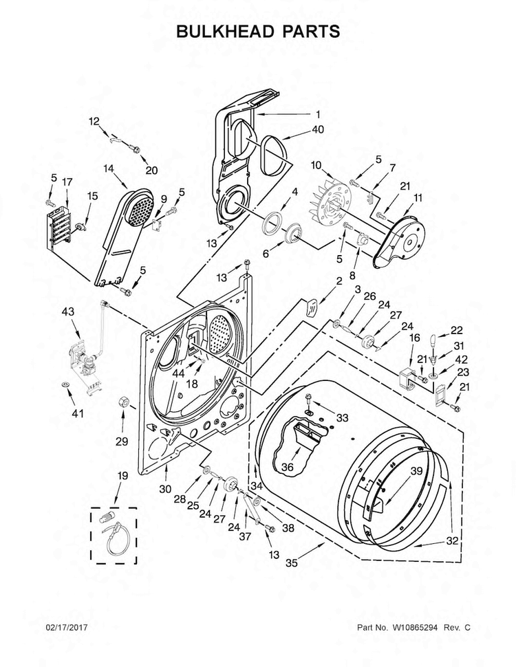 Bulkhead Parts Diagram and Parts List for MEDB755DW2  Maytag Dryer