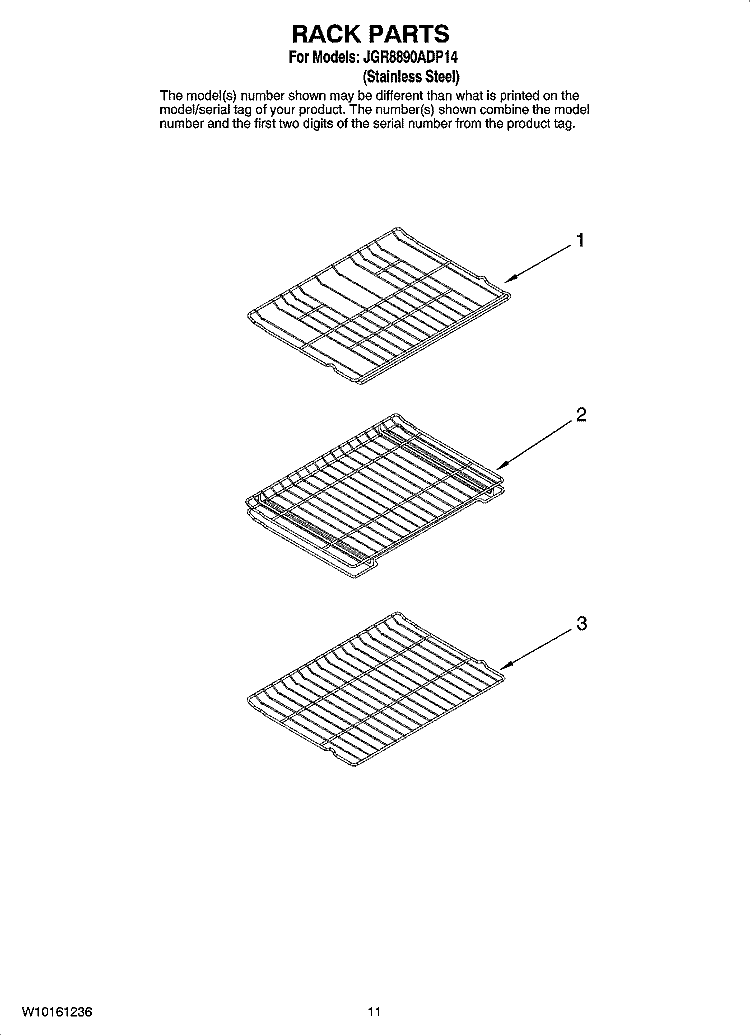 RACK PARTS, OPTIONAL PARTS (NOT INCLUDED) Diagram and Parts List for JGR8890ADP14  Jenn-Air Range