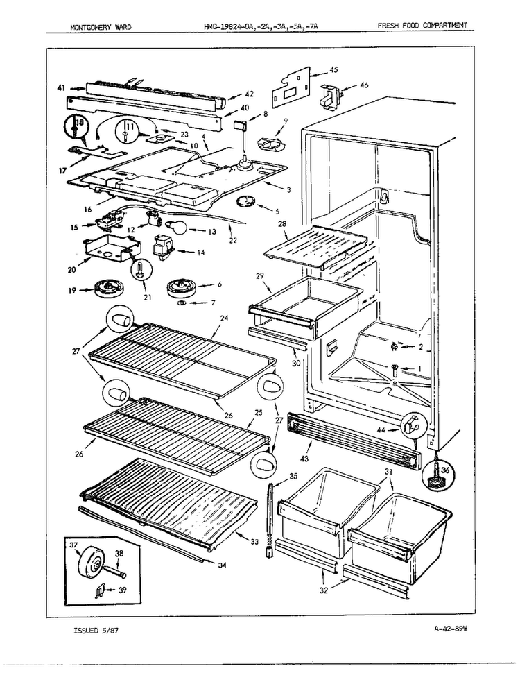 Fresh Food Compartment Diagram and Parts List for 19284A  Admiral Refrigerator