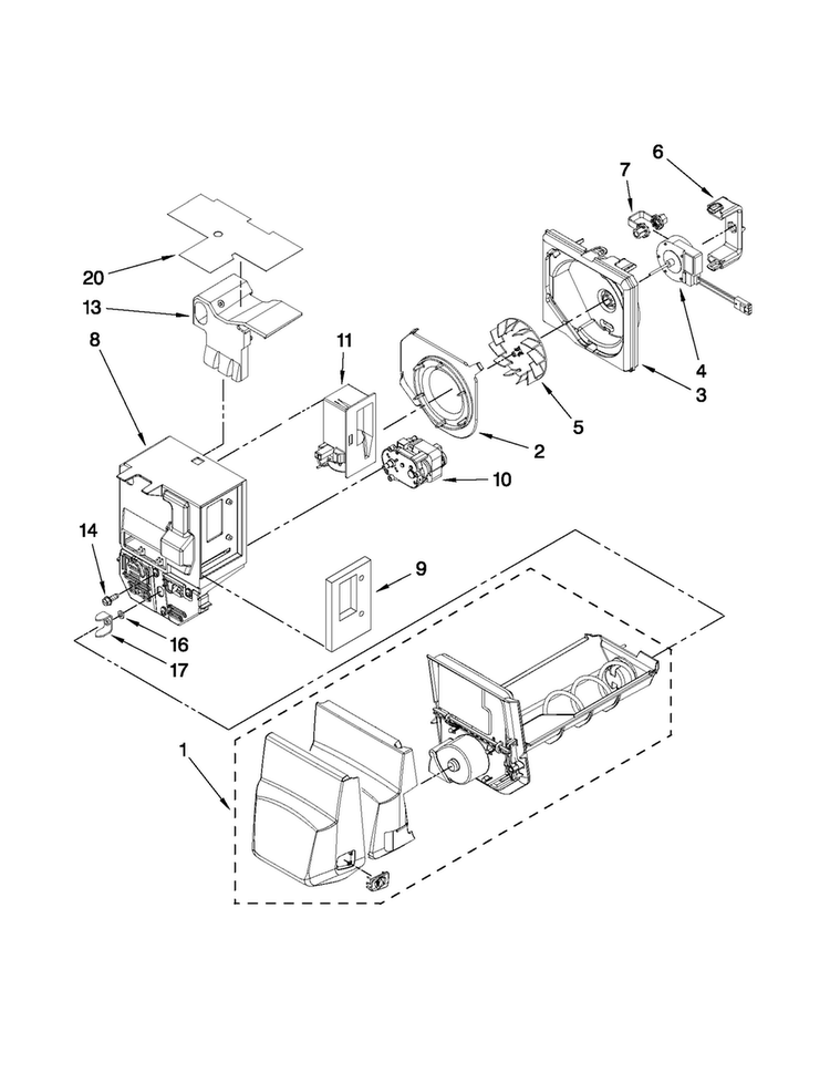 Motor And Ice Container Parts Diagram and Parts List for JFI2089WTS2  Jenn-Air Refrigerator