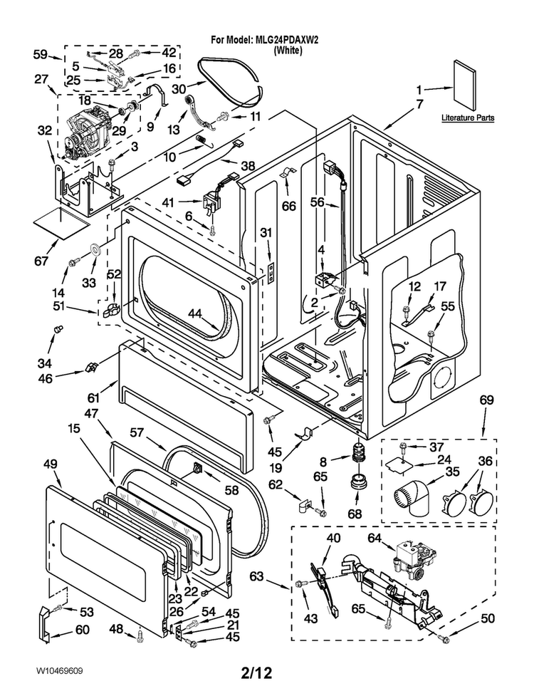 Lower Cabinet And Front Panel Parts Diagram and Parts List for MLG24PDAXW2  Maytag Dryer