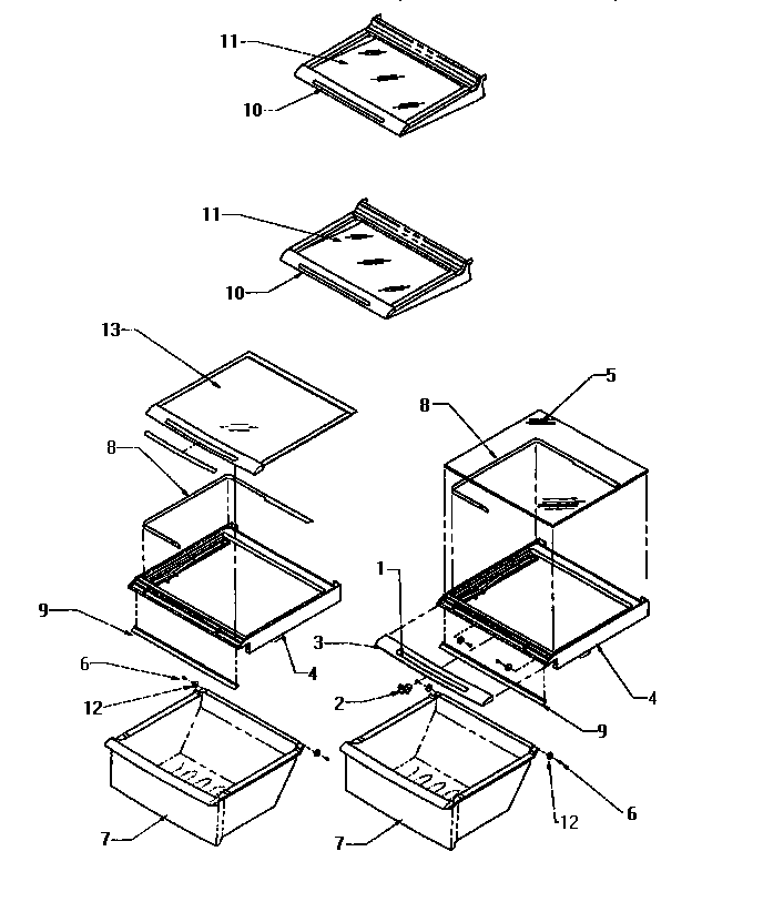 Shelving & Drawers Diagram and Parts List for SX22SE-P1190201WE  Amana Refrigerator