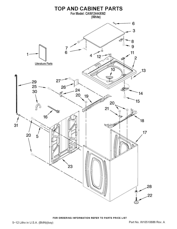 Top And Cabinet Parts Diagram and Parts List for CAW12444XW2  Crosley Washer