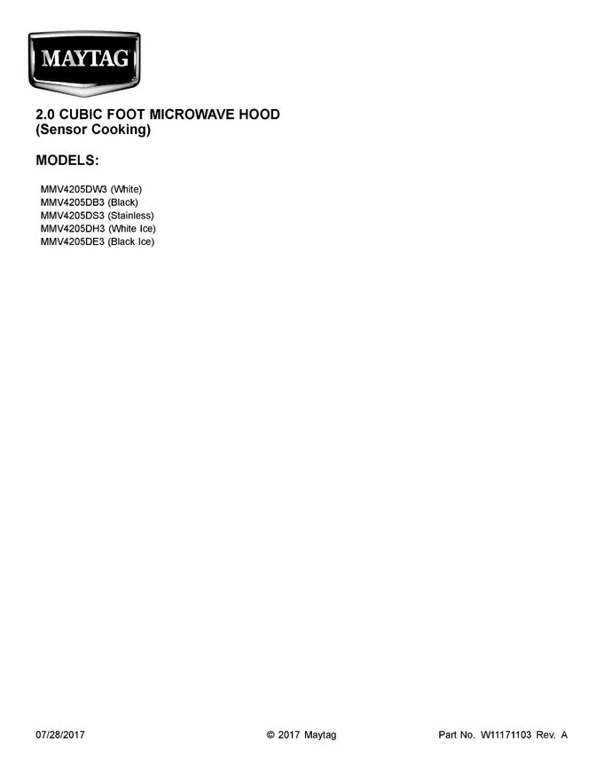 01 - Cover Sheet Diagram and Parts List for MMV4205DS3  Maytag Microwave Oven Combo