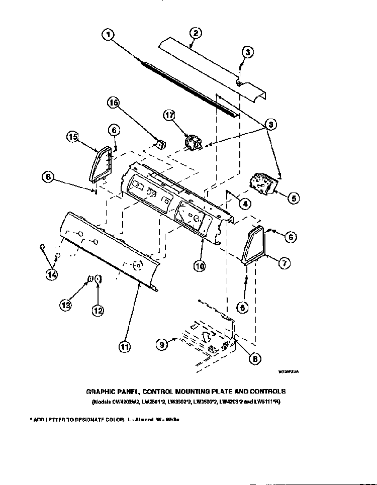 Graphic Panel, Control Mounting Plate And Controls Diagram and Parts List for LW8203W2B-PLW8203W2A  Amana Washer