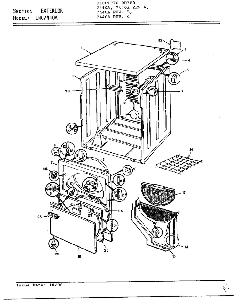 Exterior Diagram and Parts List for 7440A REV B Norge Dryer