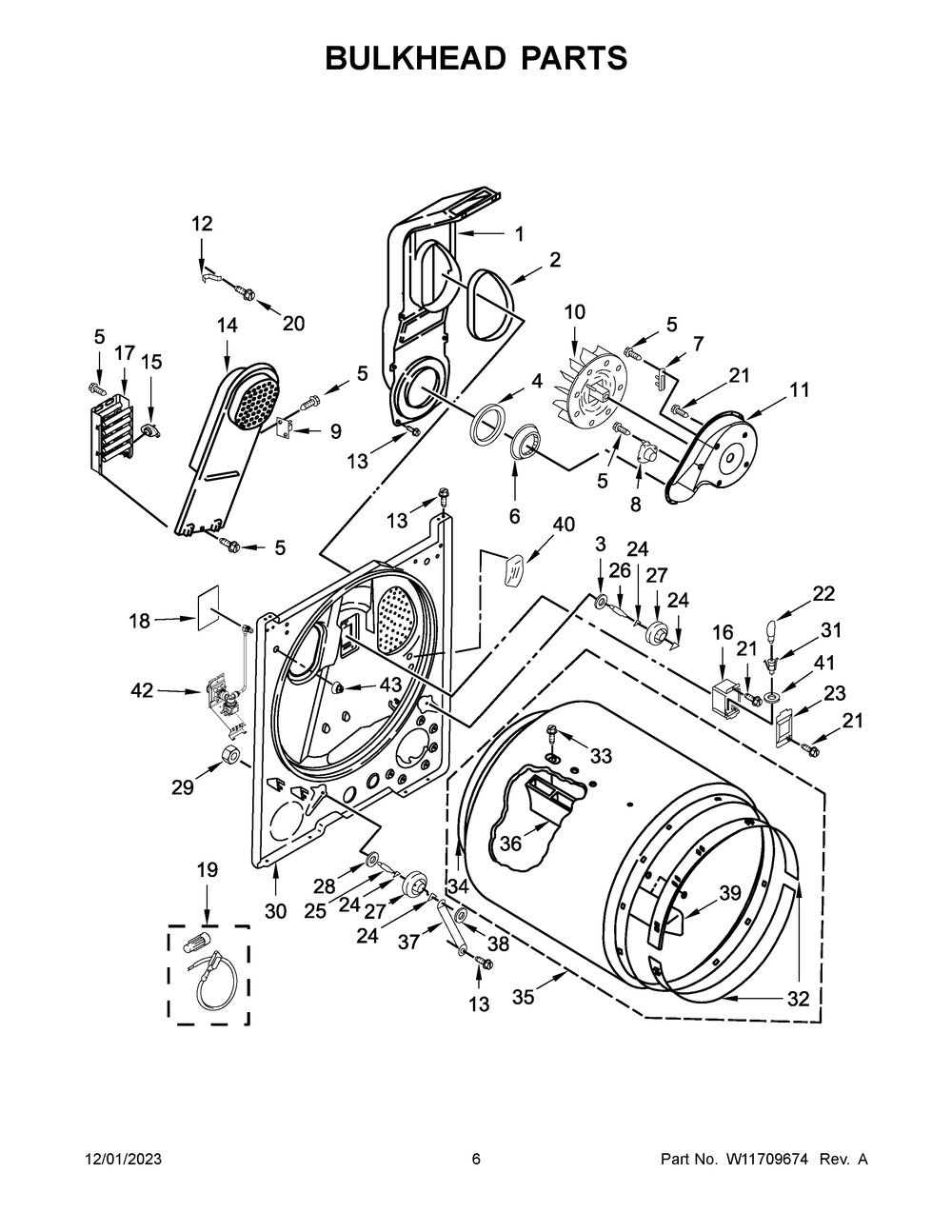 Bulkhead Parts Diagram and Parts List for YMED5430PBK0  Maytag Dryer