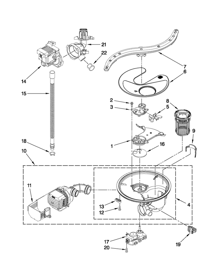 Pump, Washarm And Motor Parts Diagram and Parts List for JDB3600AWP4  Jenn-Air Dishwasher