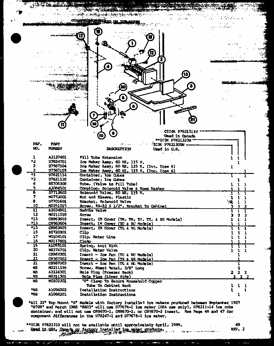 Add On Ice-maker (ic3k/p7621309w) (ic3k/p7621310w) (cic4k/p7621311w) Diagram and Parts List for TLI20K-P7803249W  Amana Refrigerator