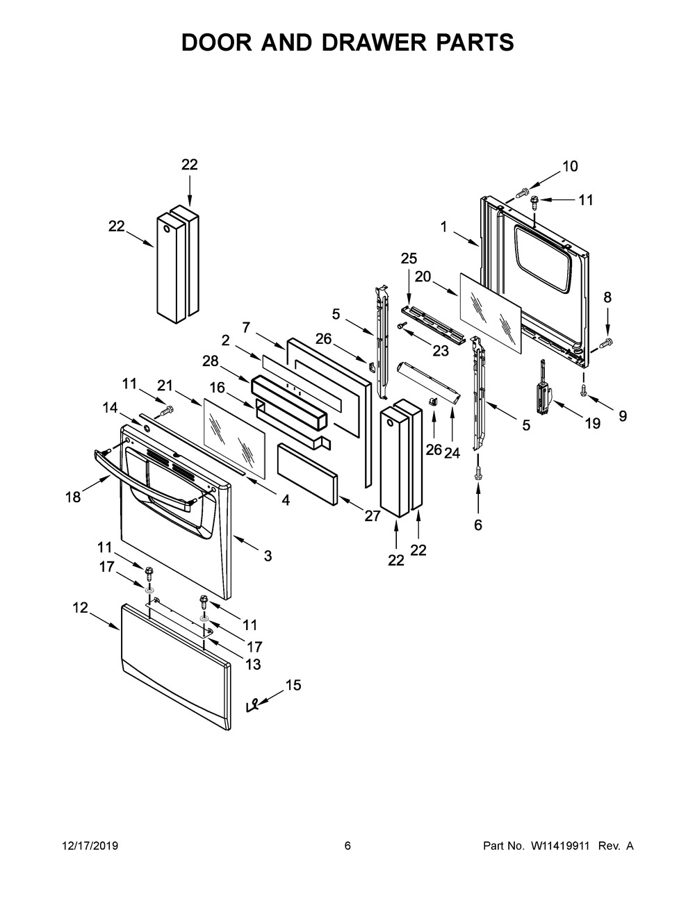 Door And Drawer Parts Diagram and Parts List for AEP222VAW4  Maytag Range