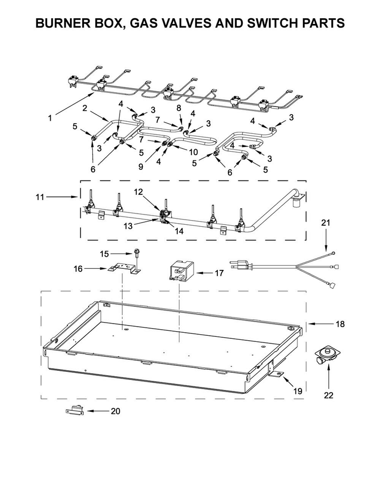 Burner Box, Gas Valves And Switch Parts Diagram and Parts List for JGC3536GS0  Jenn-Air Cooktop