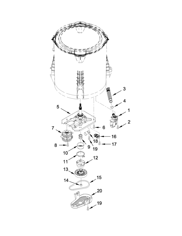 Gearcase, Motor And Pump Parts Diagram and Parts List for 4KMVWC130EQ0  Maytag Washer