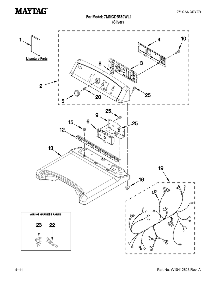 Top And Console Parts Diagram and Parts List for 7MMGDB850WL1  Maytag Dryer