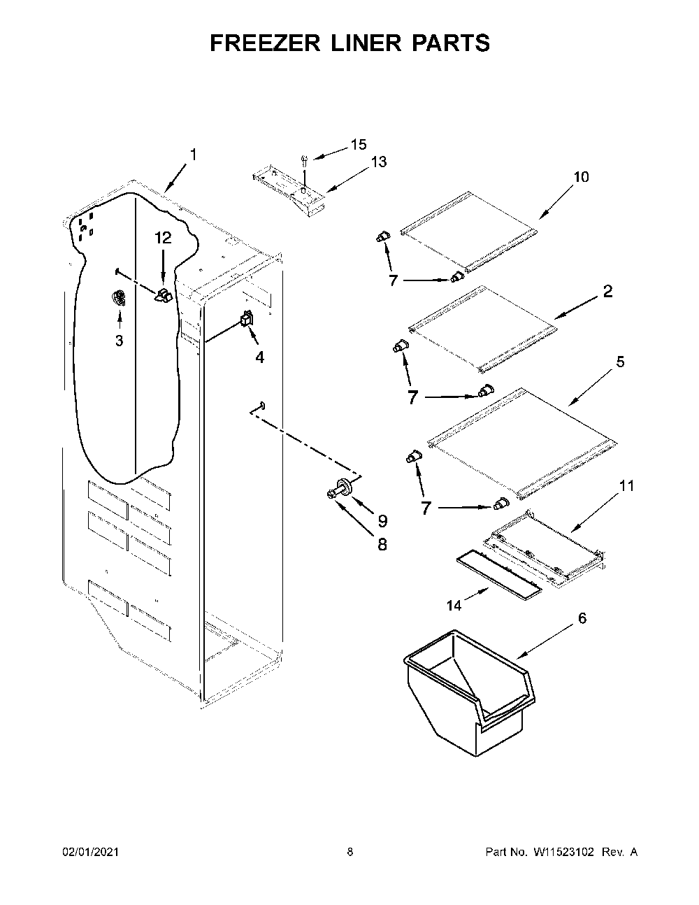 Freezer Liner Parts Diagram and Parts List for 10651335714  Kenmore Refrigerator